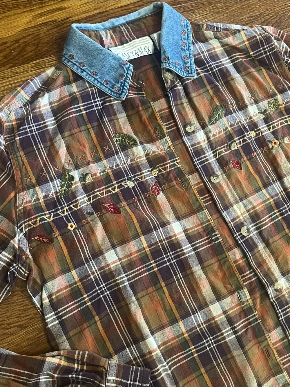 Y2k plaid denim button up shirt Fall western embroidered M S country